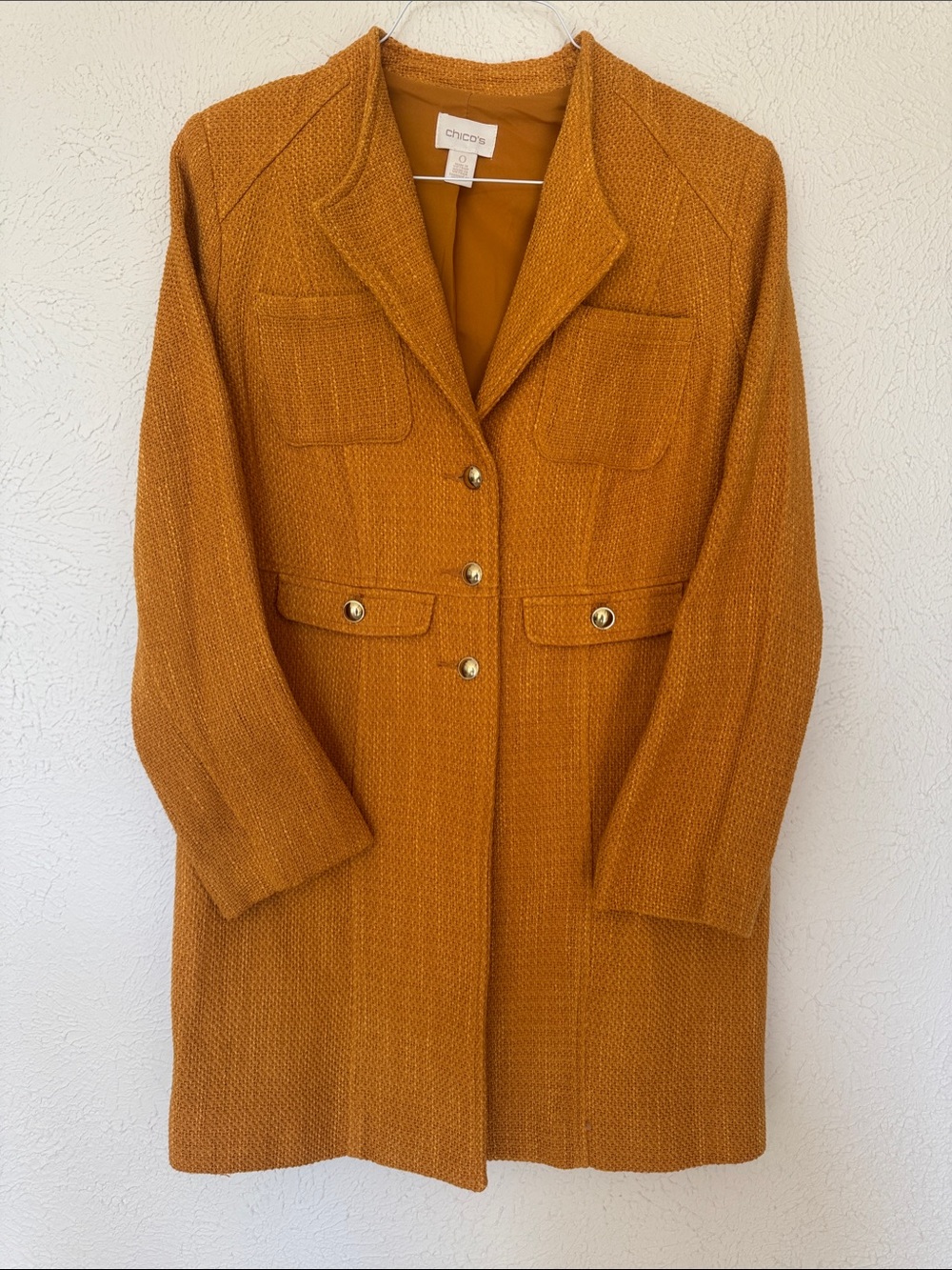 Chico's Textured Long Trench Coat in Mustard